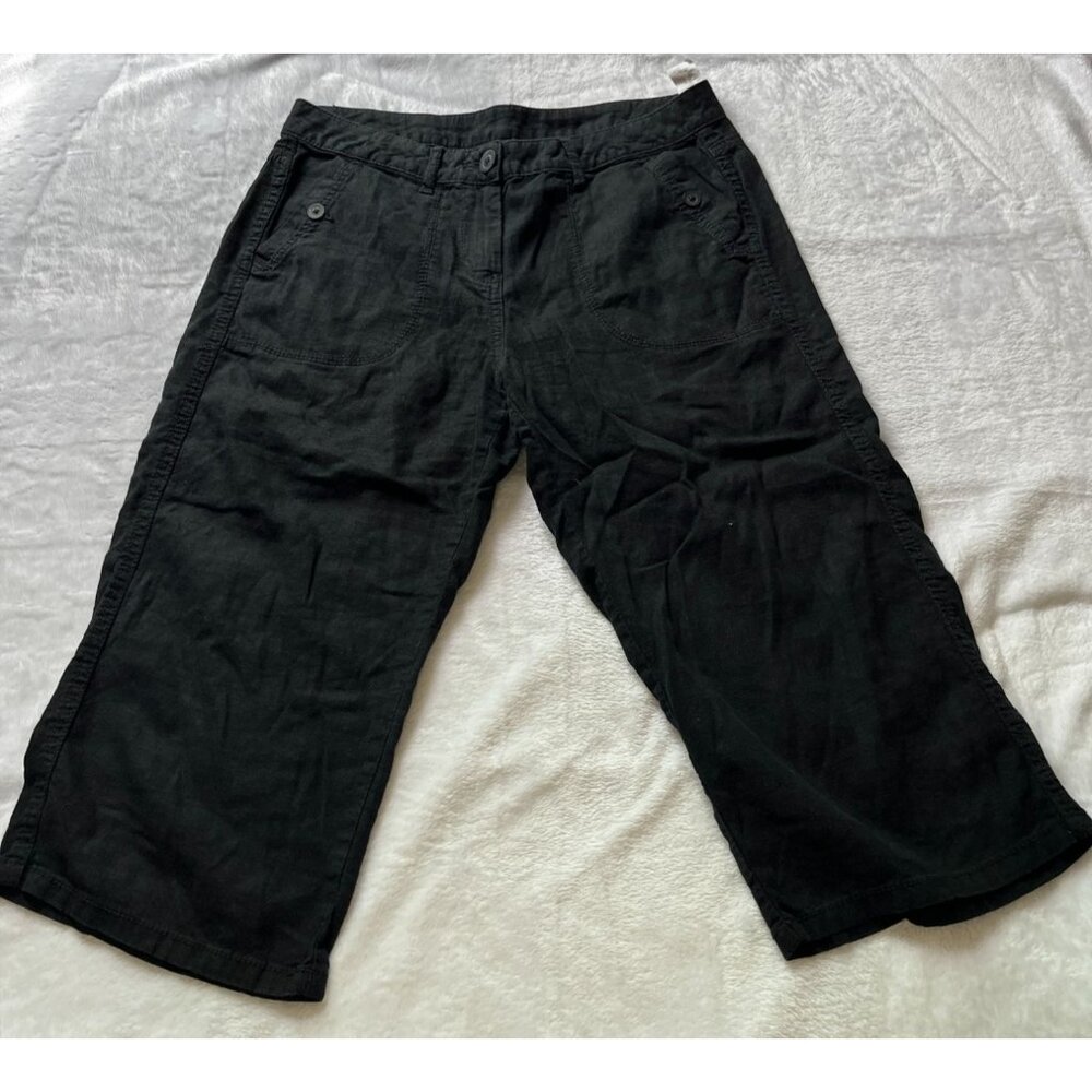 Marks & Spencer Womens Black Wide-Leg Capri Crop Pants UK 12 Medium Linen Blend
